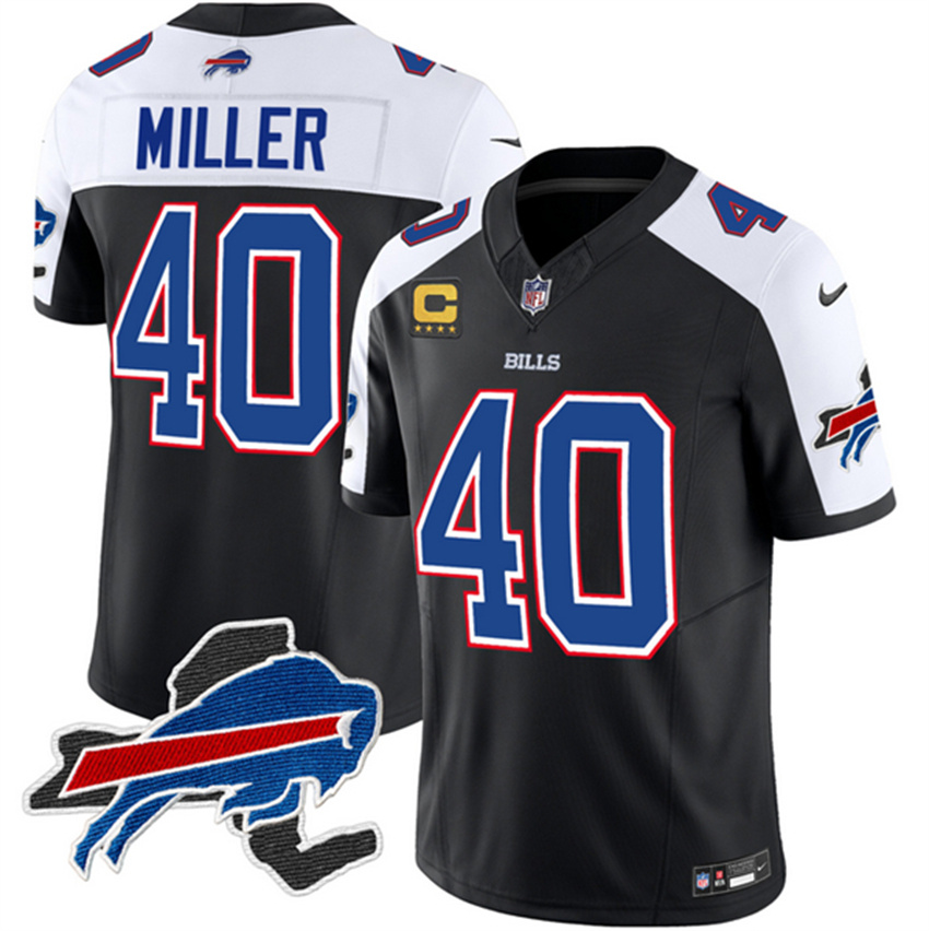 Men's Black/White Buffalo Bills #40 Von Miller 2023 F.U.S.E. New York Patch and 4-Star C Patch Vapor Untouchable Limited Stitched Football Jersey
